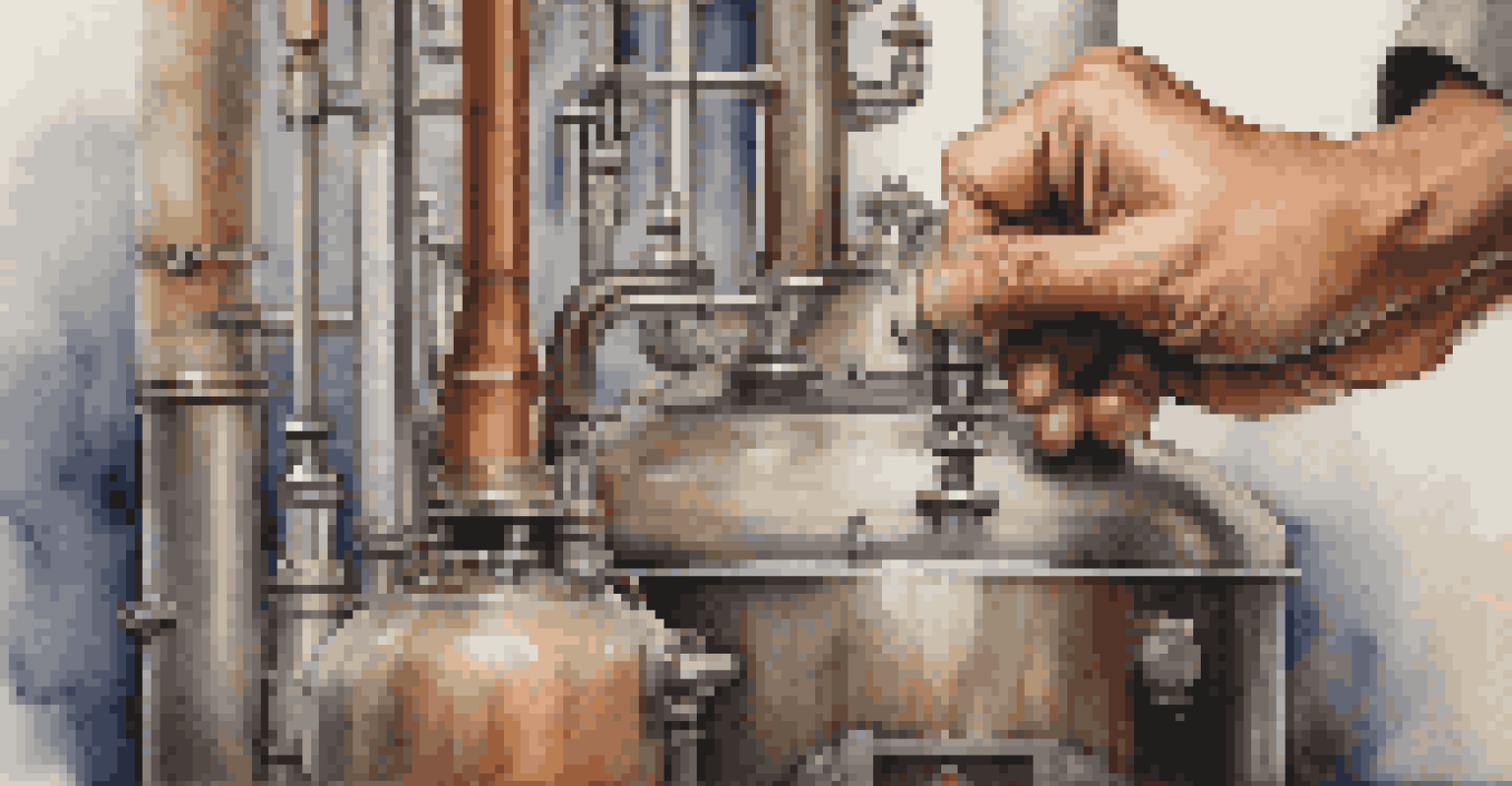 A close-up of a hand adjusting the temperature gauge on a distillation still, with the setup blurred in the background.