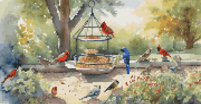 A peaceful backyard filled with colorful bird feeders and native plants, with various birds feeding in the sunlight.