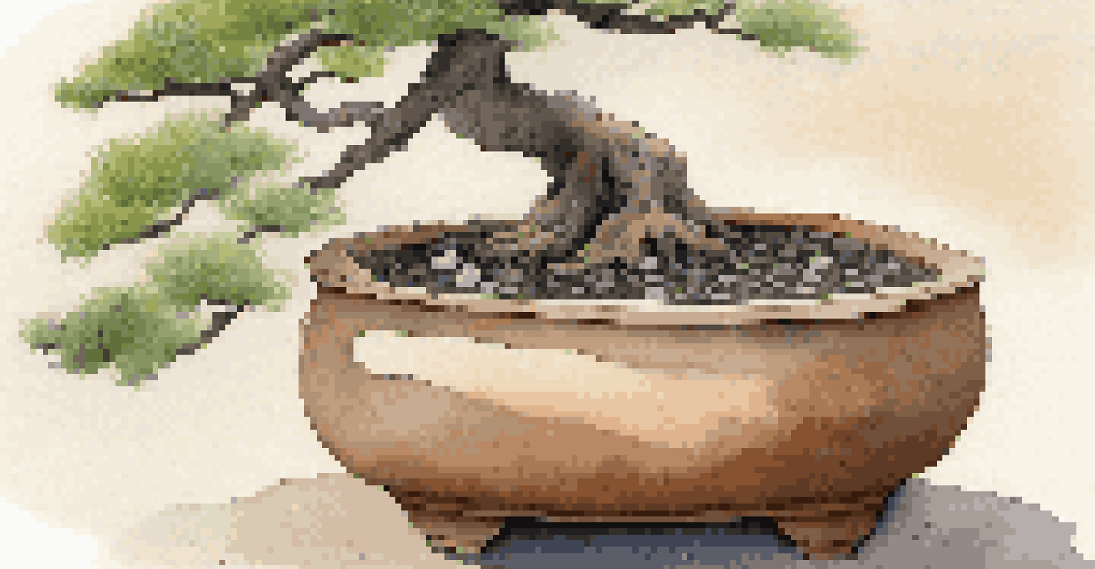 Close-up of a bonsai pot with drainage holes and gravel, featuring a small bonsai tree.