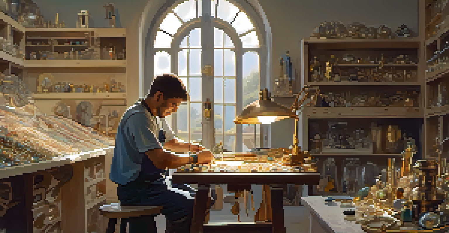 An artisan creating jewelry in a bright studio filled with gemstones and tools, illuminated by natural light.