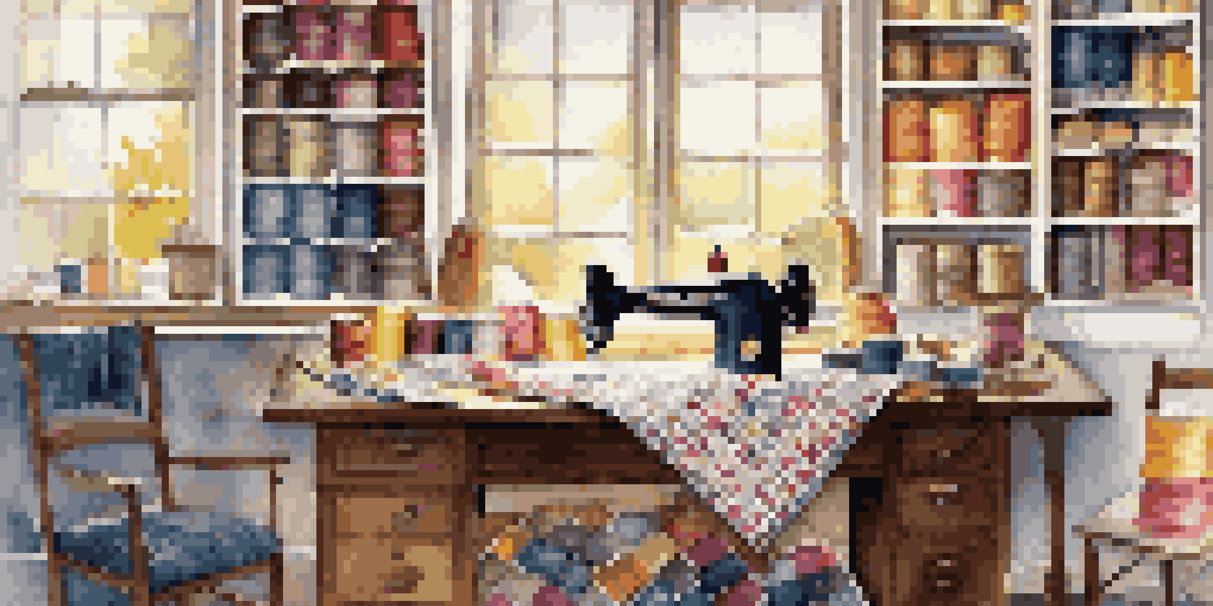 A cozy quilting workspace with colorful fabric swatches and a sewing machine, illuminated by natural light.