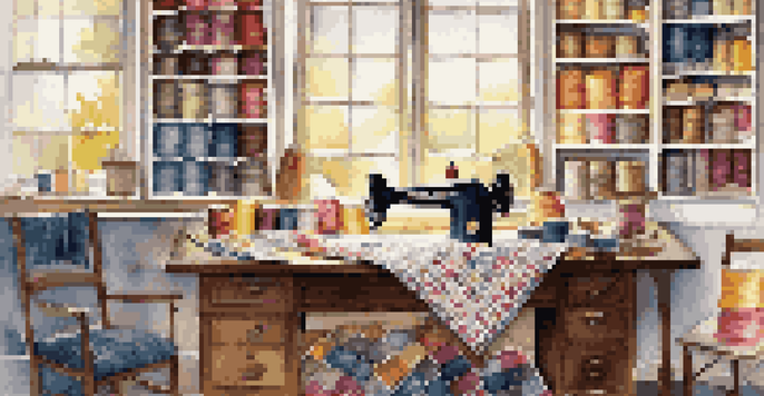 A cozy quilting workspace with colorful fabric swatches and a sewing machine, illuminated by natural light.