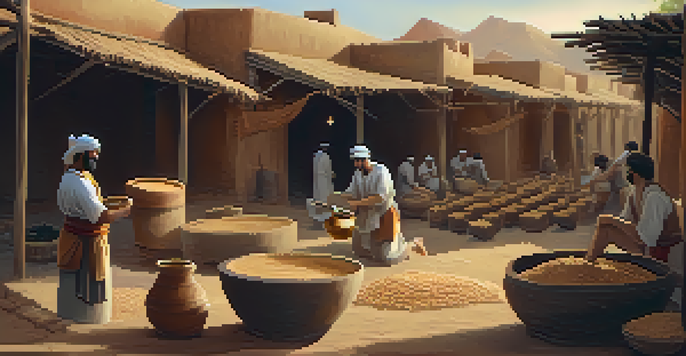 Artisans in ancient Babylon mixing animal fats and ashes to make soap in a rustic workshop filled with clay pots and wooden tools.