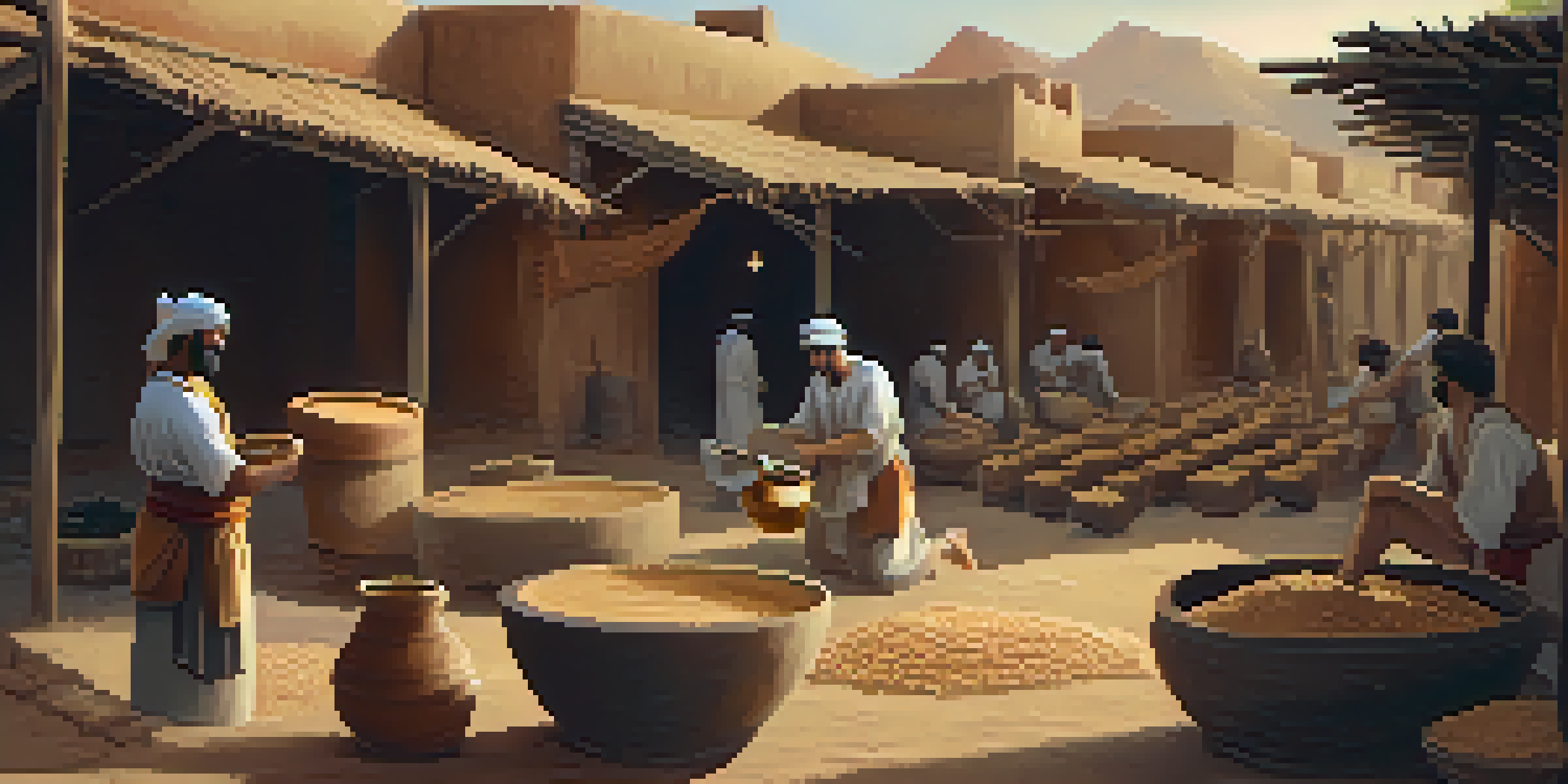 Artisans in ancient Babylon mixing animal fats and ashes to make soap in a rustic workshop filled with clay pots and wooden tools.