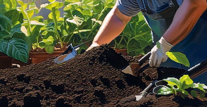 A close-up view of hands mixing compost into dark soil, with green plant leaves and garden tools in the background.