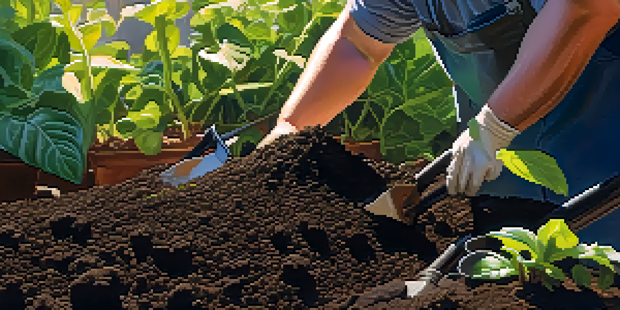 A close-up view of hands mixing compost into dark soil, with green plant leaves and garden tools in the background.