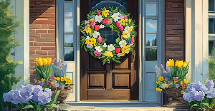A colorful spring wreath with tulips and daffodils on a rustic grapevine base, decorated with pastel ribbons and butterflies, in front of a sunny door.