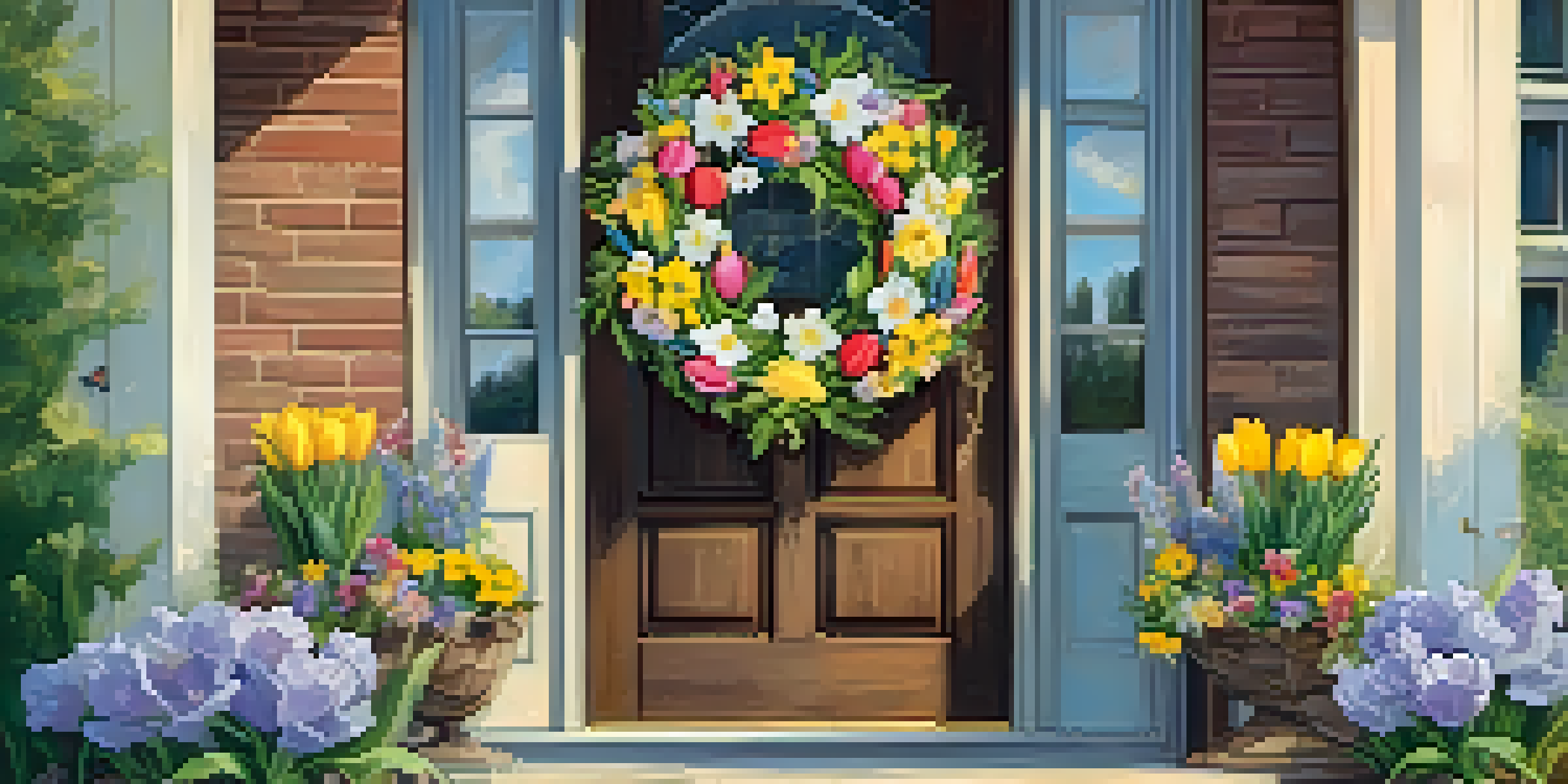 A colorful spring wreath with tulips and daffodils on a rustic grapevine base, decorated with pastel ribbons and butterflies, in front of a sunny door.