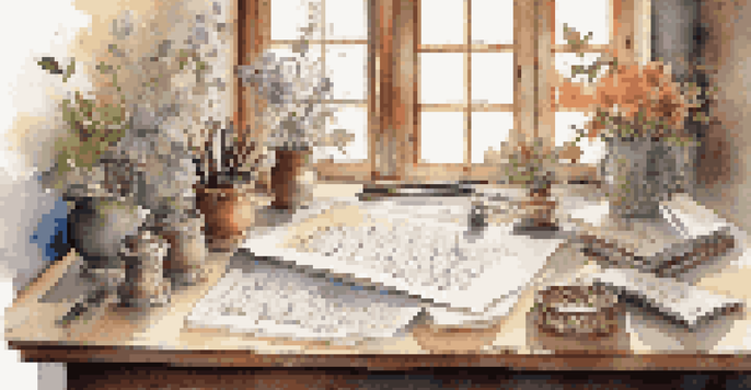 A calligraphy workspace with handwritten quotes, colorful inks, and decorative elements illuminated by natural light.