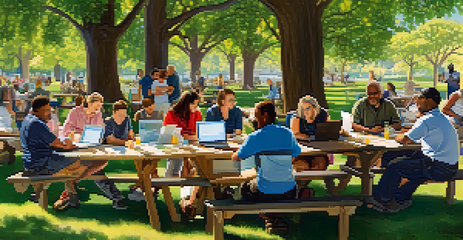A group of diverse individuals participating in a genealogy workshop outdoors, sharing stories and collaborating.