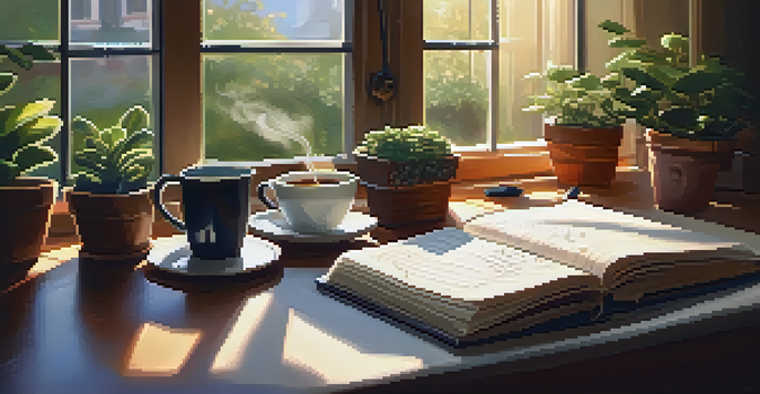 A writer's desk with coffee, a notebook, and a laptop in a sunny room with plants and a view of a garden.