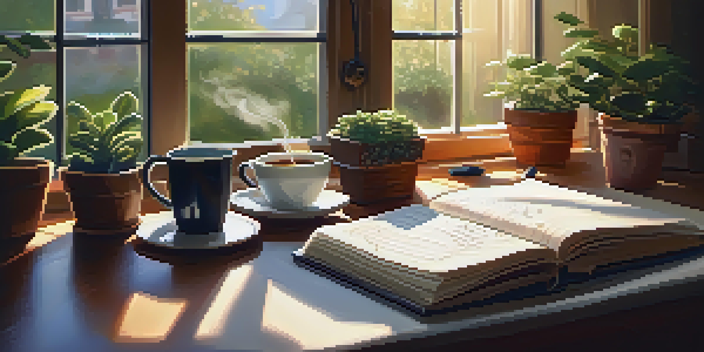 A writer's desk with coffee, a notebook, and a laptop in a sunny room with plants and a view of a garden.
