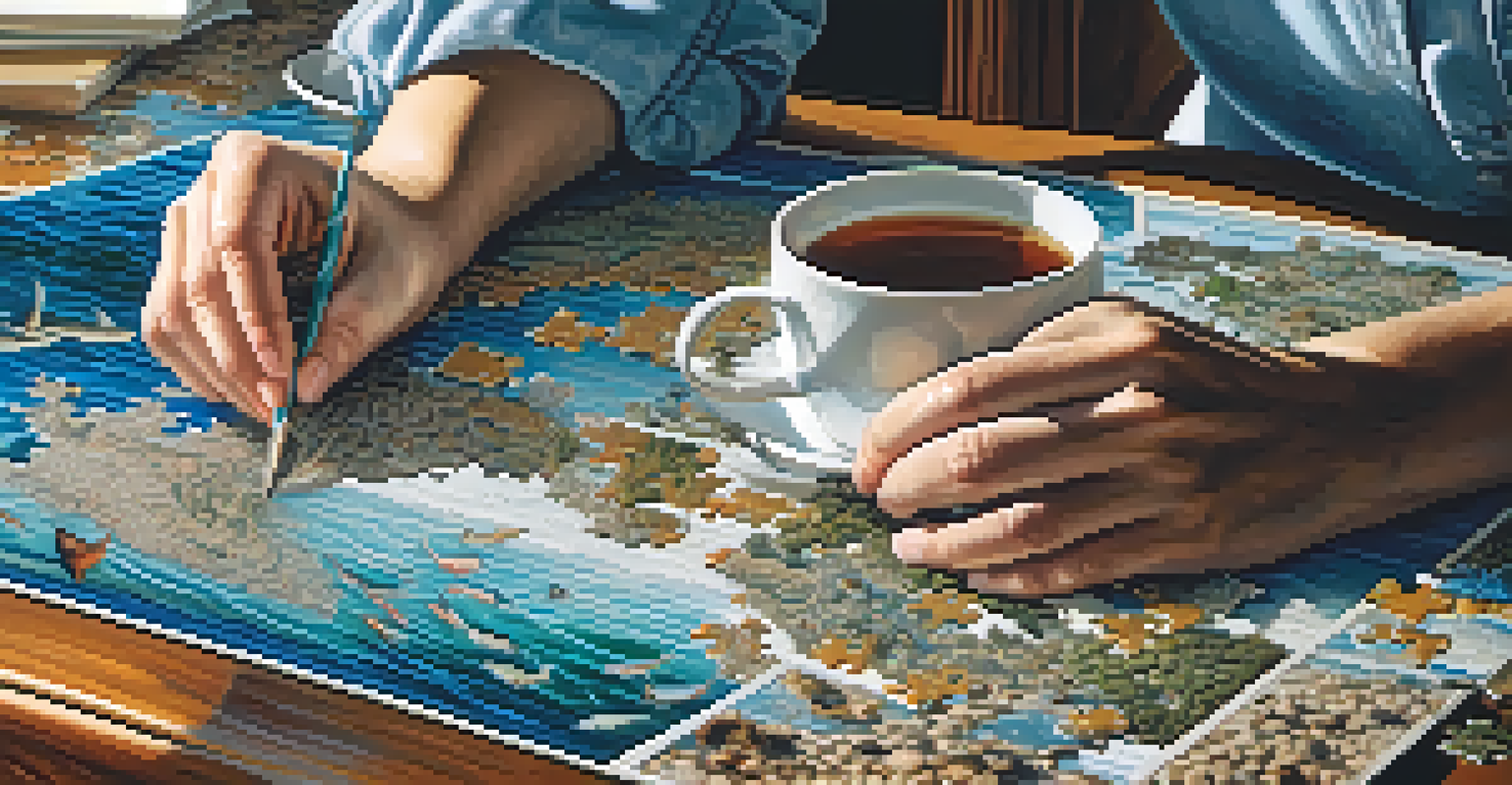 Close-up of hands working on a jigsaw puzzle of ocean waves, with a cup of tea nearby and soft light illuminating the scene.