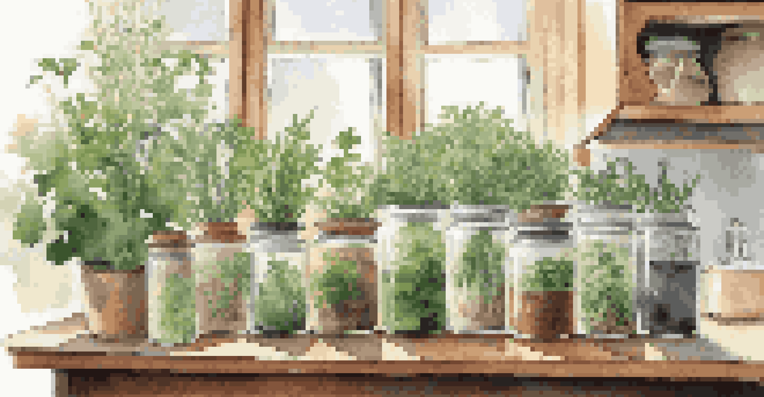 An indoor herb gardening setup with various containers holding different herbs, set against a bright kitchen backdrop.