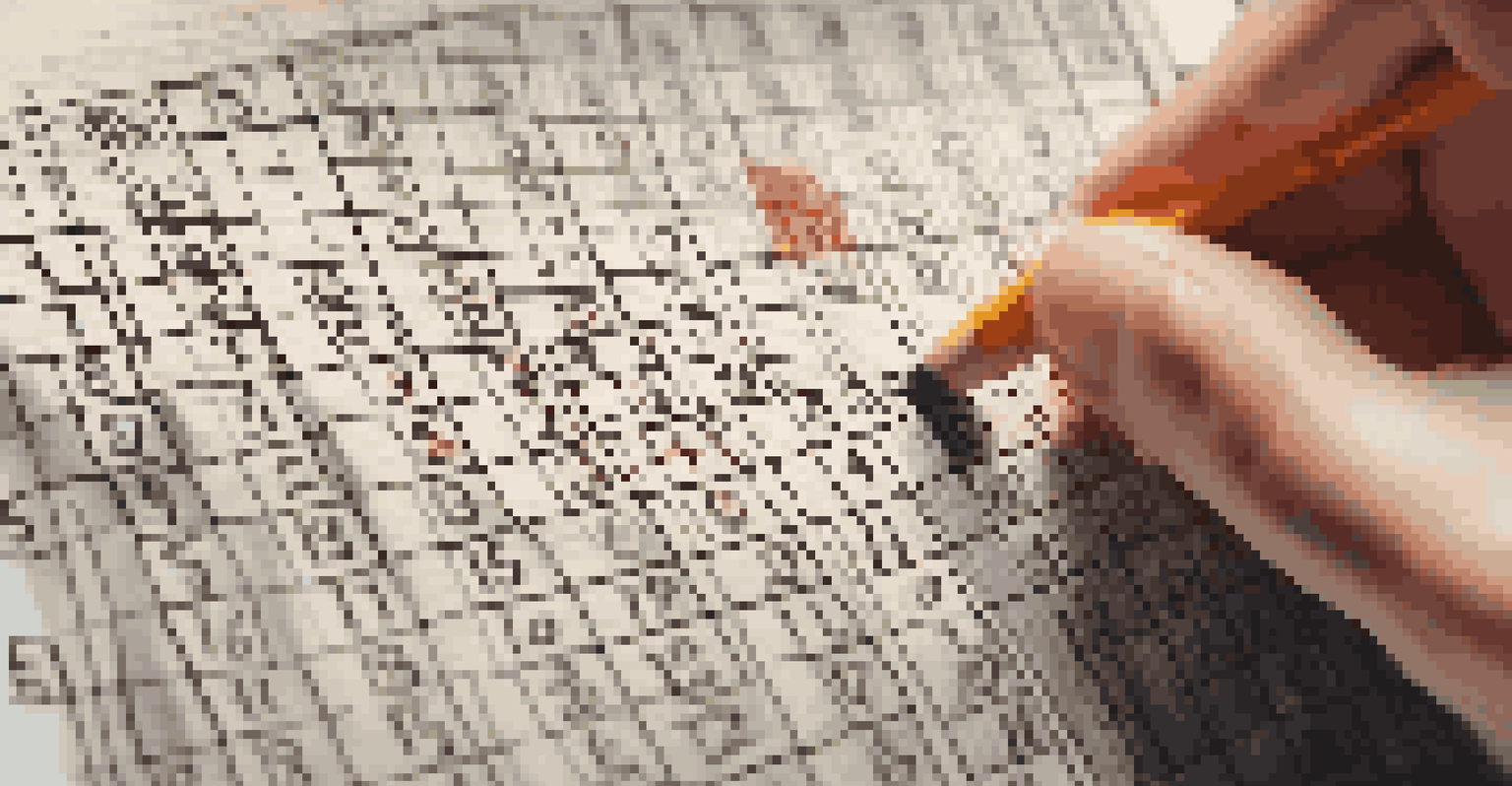 A close-up of a hand with a pencil over a Sudoku puzzle in a magazine, with a blurred background.