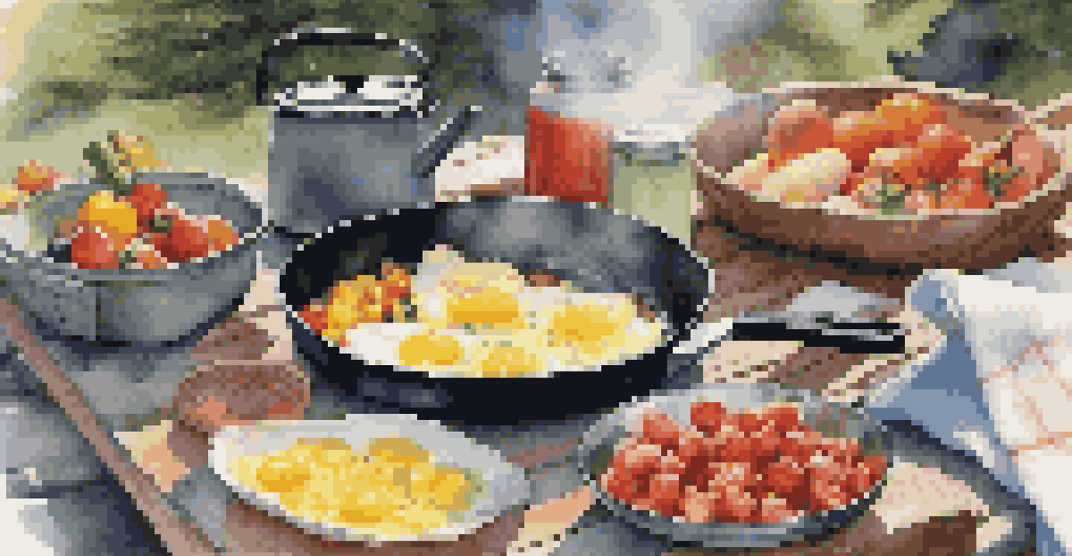 Close-up of hands cooking scrambled eggs on a portable stove with fresh fruits and coffee on a picnic table in the morning light.