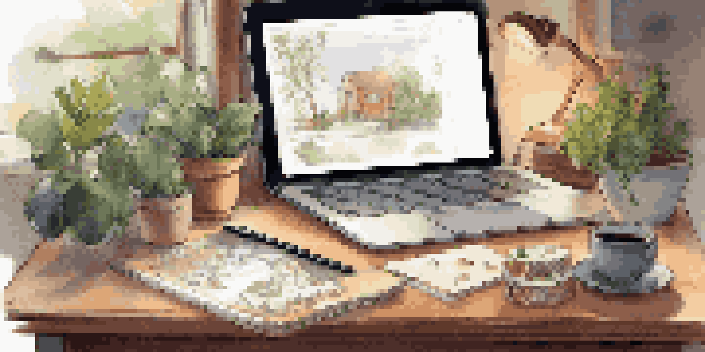 A warm and inviting digital artist's workspace with a tablet, sketches, and plants.