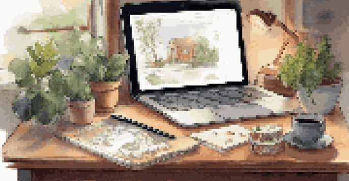 A warm and inviting digital artist's workspace with a tablet, sketches, and plants.