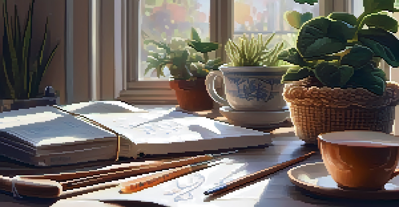 A crochet workspace featuring crochet hooks, a notepad with a pattern, and a steaming cup of tea on a warmly lit table with a potted plant.