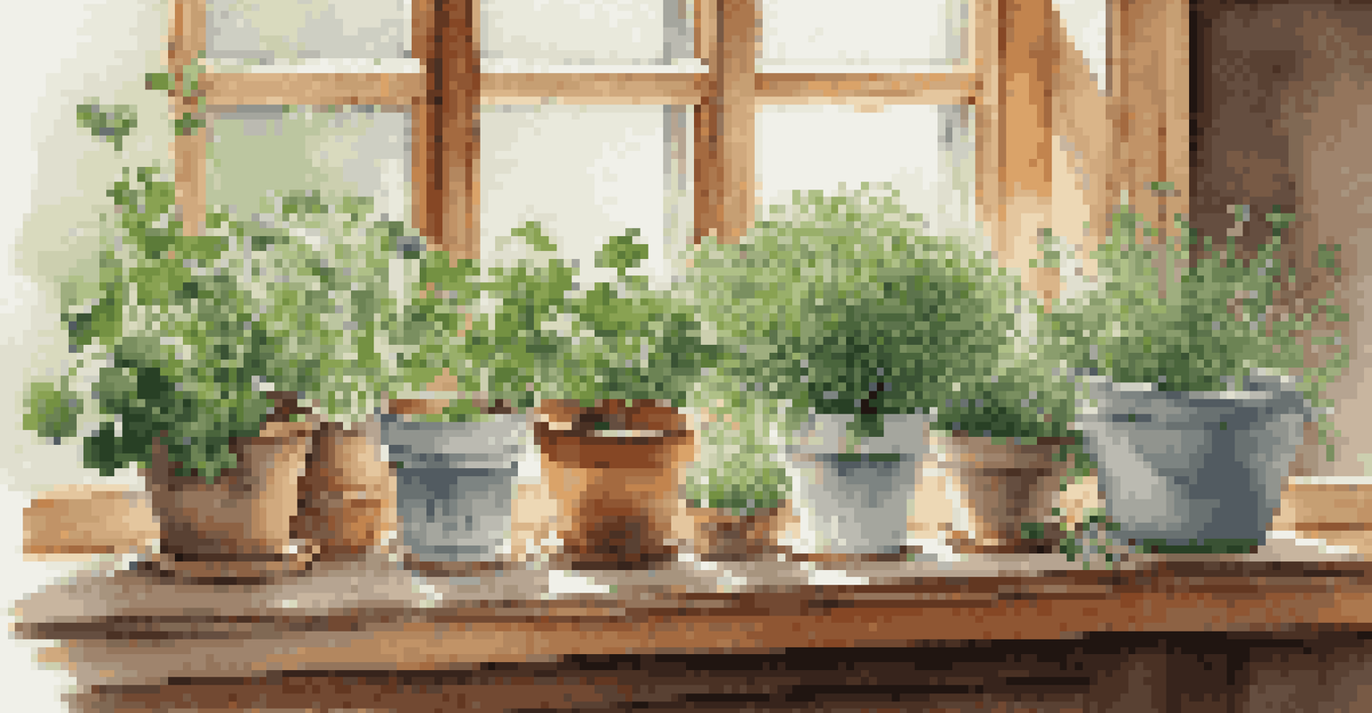 A cozy kitchen window with potted herbs and lace curtains, showcasing fresh herbs.