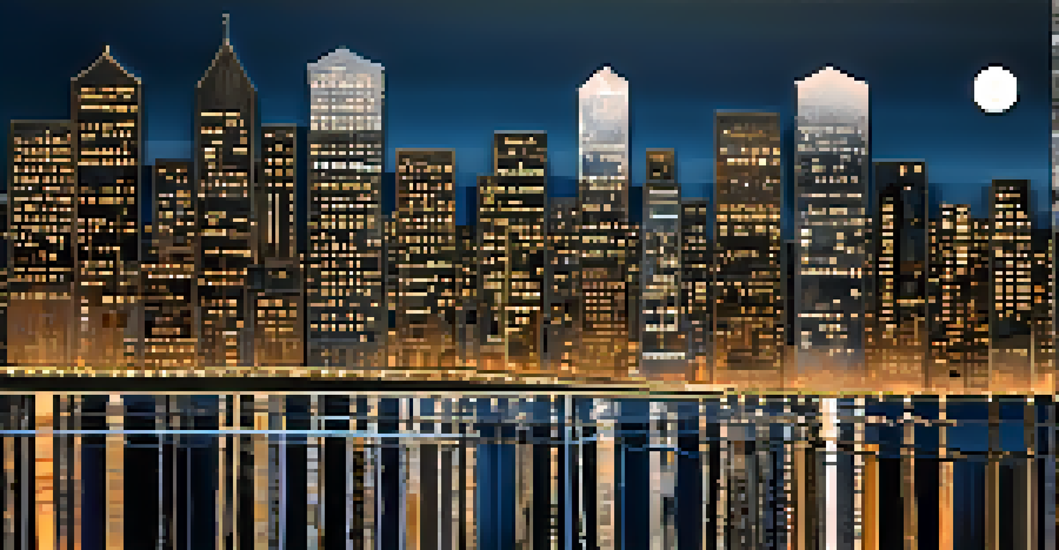 A mixed media cityscape artwork at dusk, featuring smooth and rough textures made from acrylic and gel medium.