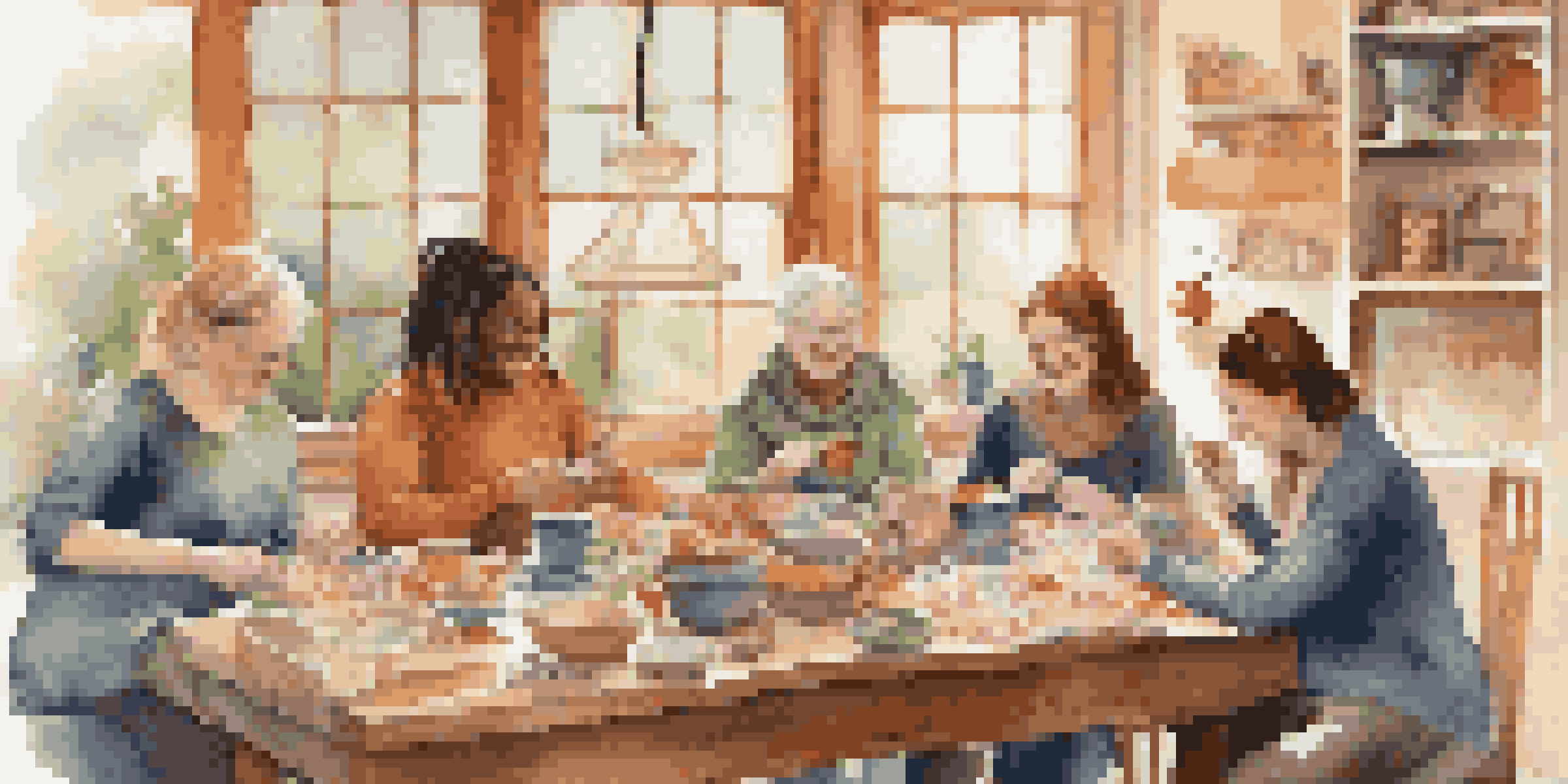 A group of friends happily crafting together with knitting and crocheting in a cozy indoor space filled with colorful yarn and warm light.