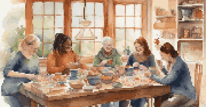 A group of friends happily crafting together with knitting and crocheting in a cozy indoor space filled with colorful yarn and warm light.