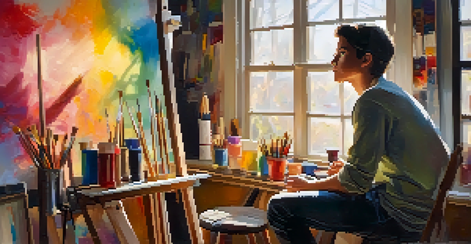 A young artist in a cozy studio, sitting on a stool and gazing into a mirror, surrounded by colorful paint tubes and brushes, with soft natural light streaming through a window.