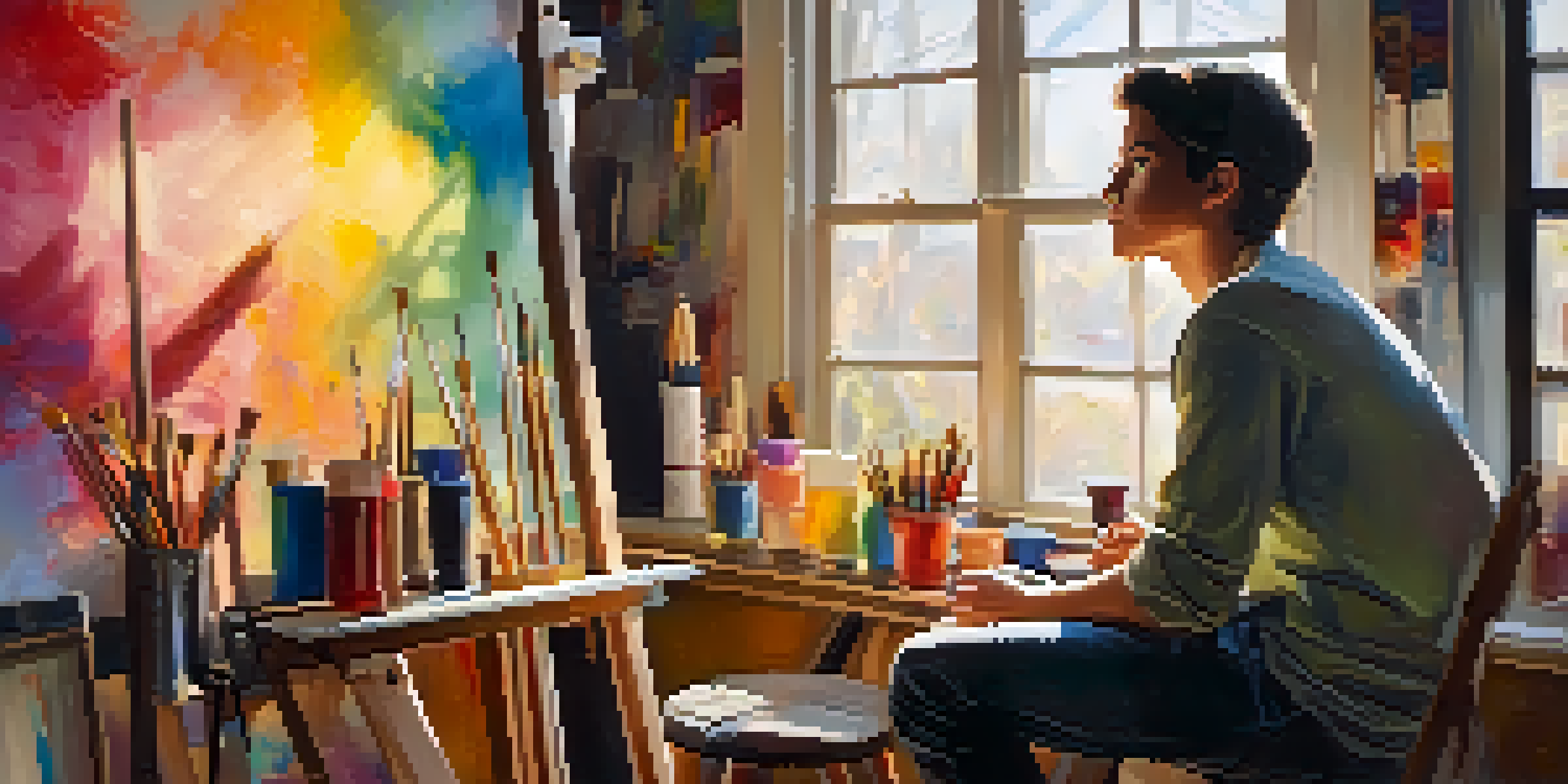A young artist in a cozy studio, sitting on a stool and gazing into a mirror, surrounded by colorful paint tubes and brushes, with soft natural light streaming through a window.