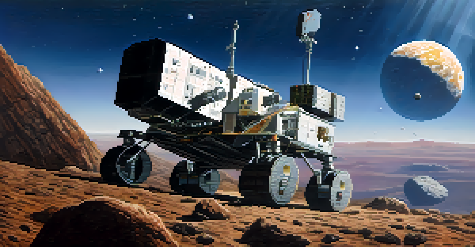 A spacecraft exploring the surface of an asteroid, highlighting its craters and rocky texture under bright sunlight.