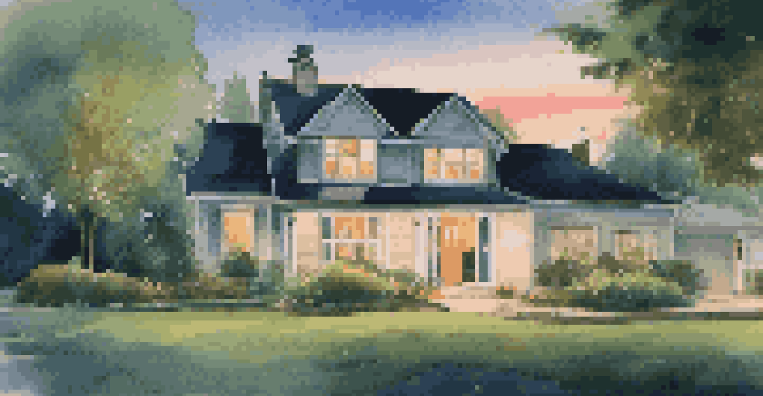 An outdoor view of a house equipped with smart security devices like a smart doorbell and security cameras, with the house lit up at dusk.