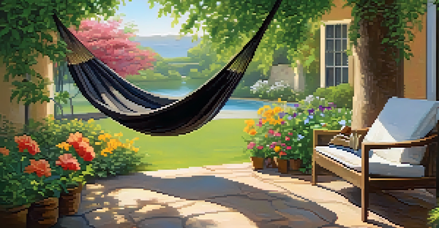 An outdoor reading space with a hammock, flowers, a cup of tea, and an open book, all illuminated by warm sunlight.