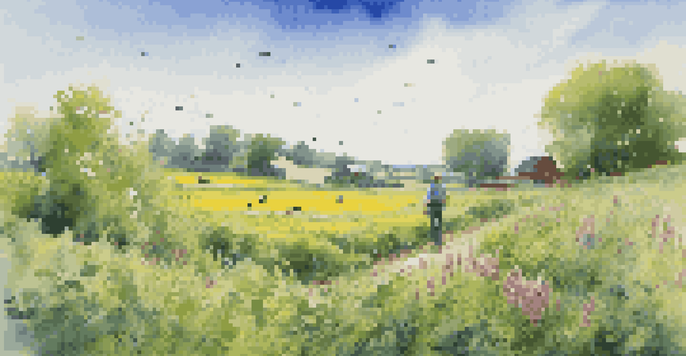 A lush agricultural field with green cover crops, butterflies, and bees, showcasing the connection between farming and wildlife.