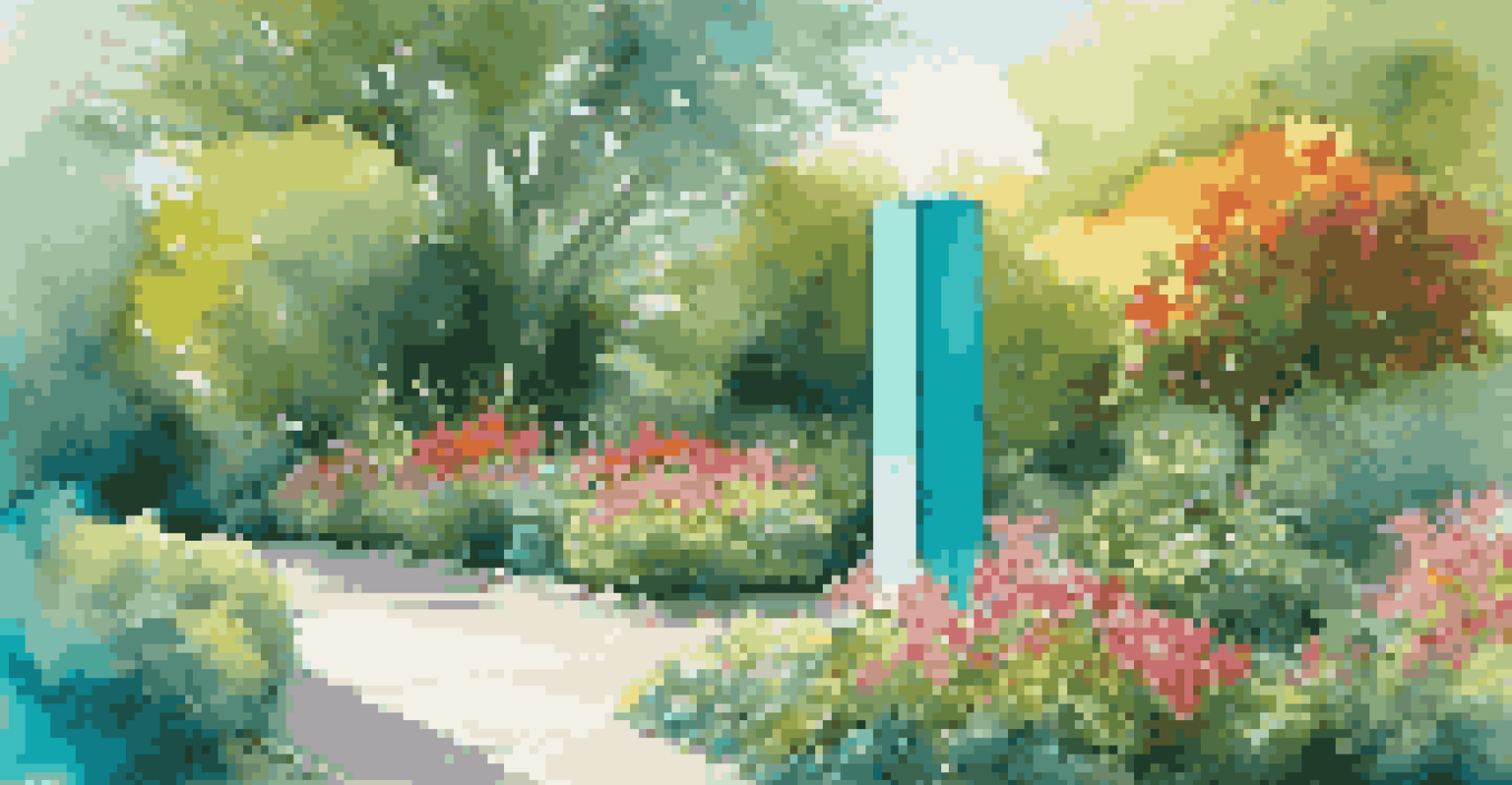 A modern turquoise concrete pillar in a vibrant garden surrounded by greenery and colorful flowers.