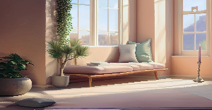 A tranquil meditation corner with cushions, a plant, and a candle in soft light.