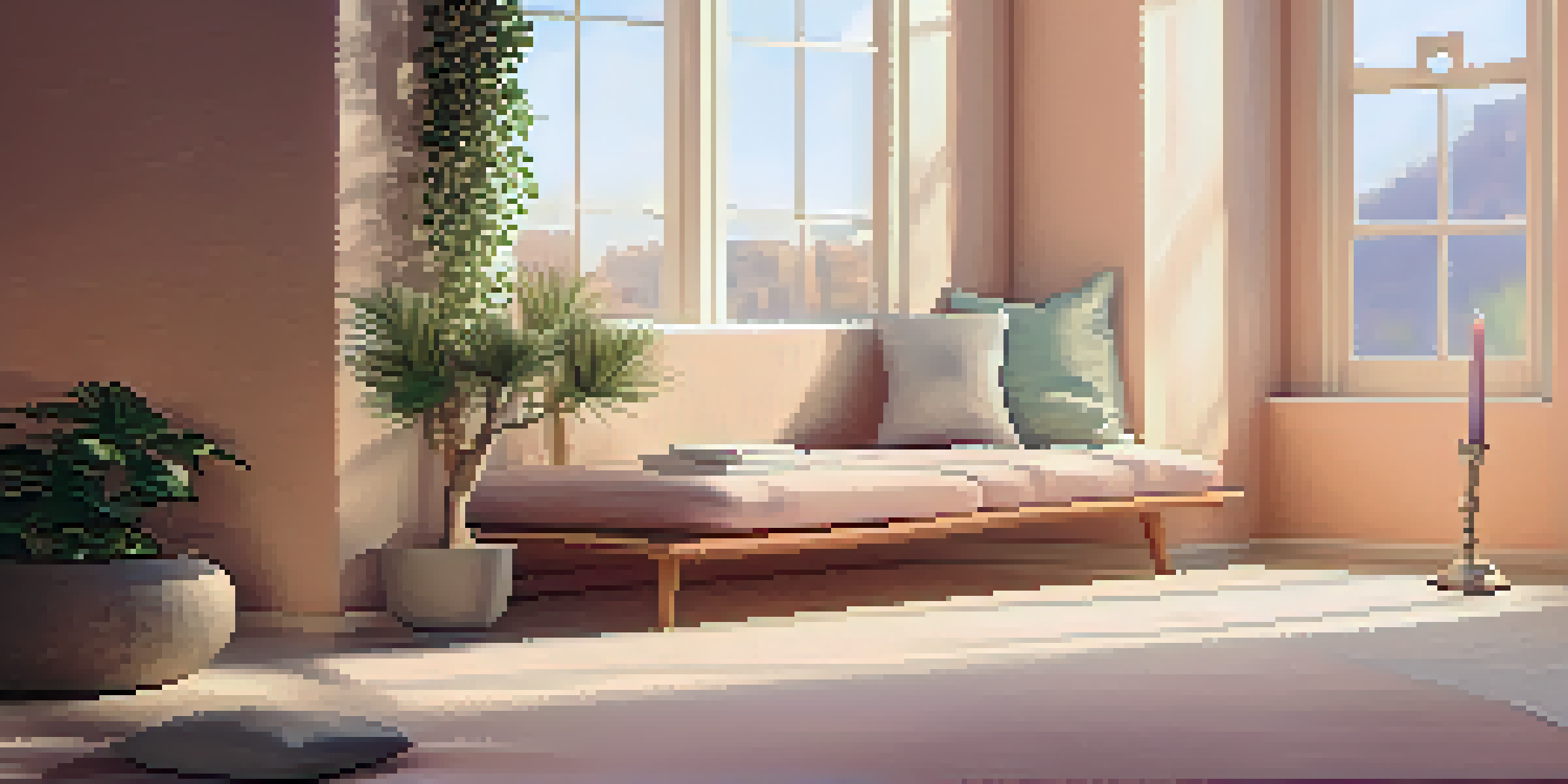 A tranquil meditation corner with cushions, a plant, and a candle in soft light.