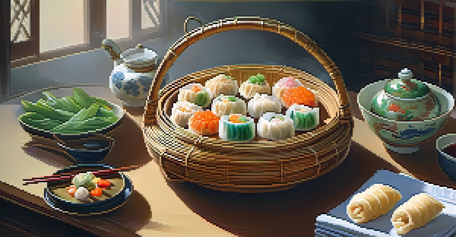 A bamboo basket filled with colorful Chinese dim sum, with a traditional tea set in the background, illuminated by warm light.
