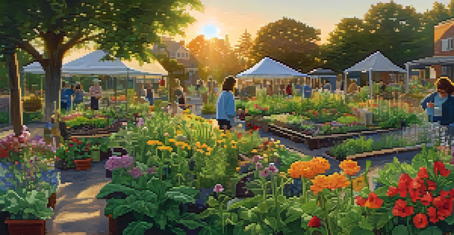 A community garden with diverse individuals caring for colorful edible plants in a warm sunset light.