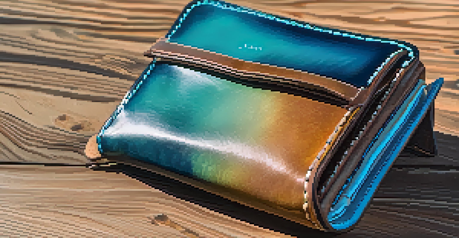 A dyed leather wallet with a gradient from deep blue to turquoise on a wooden table.