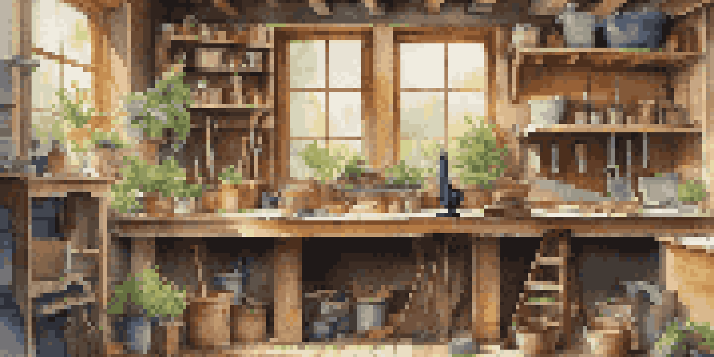 A bright woodworking workshop with a workbench full of tools and a half-finished birdhouse, surrounded by inspiring projects and a potted plant.