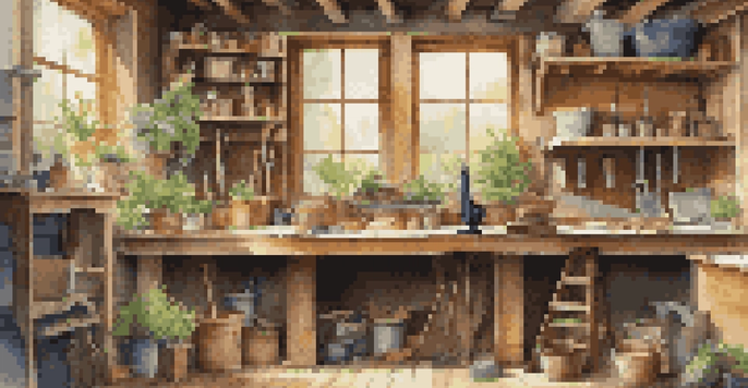 A bright woodworking workshop with a workbench full of tools and a half-finished birdhouse, surrounded by inspiring projects and a potted plant.