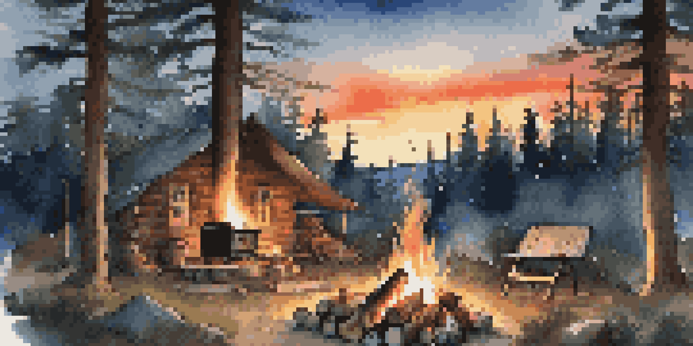 A campsite with a campfire and portable cooking stove, illuminated by the warm glow of the fire, surrounded by tall pine trees and a starry sky.