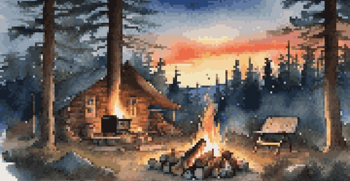 A campsite with a campfire and portable cooking stove, illuminated by the warm glow of the fire, surrounded by tall pine trees and a starry sky.