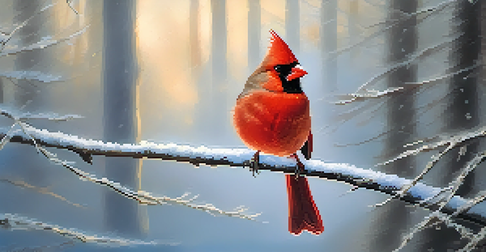 A red cardinal sitting on a snow-covered branch in a winter landscape with falling snowflakes and a blurred frosty forest in the background.