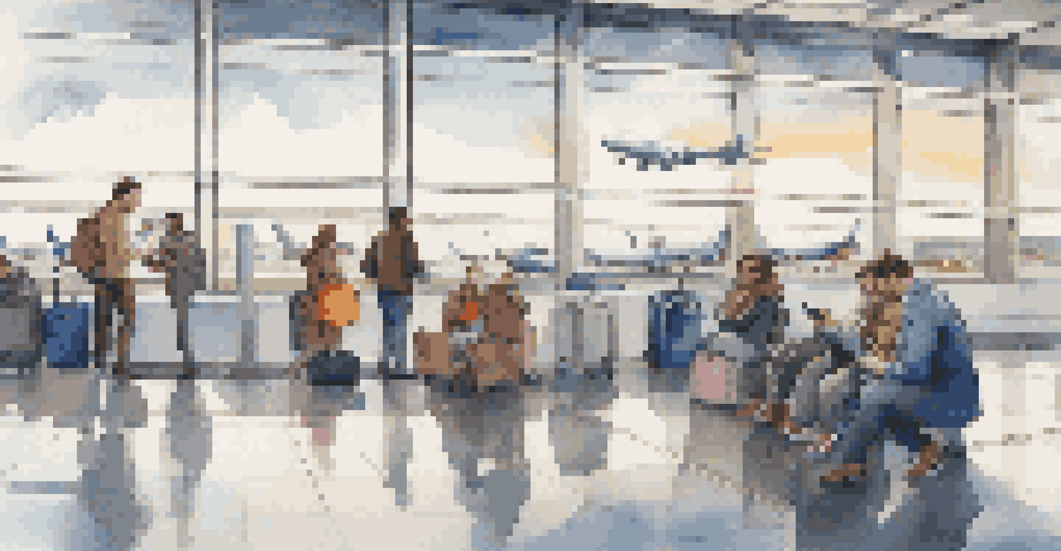 A busy airport boarding gate with travelers using smartphones and tablets, large windows showing airplanes outside, and modern seating arrangements.