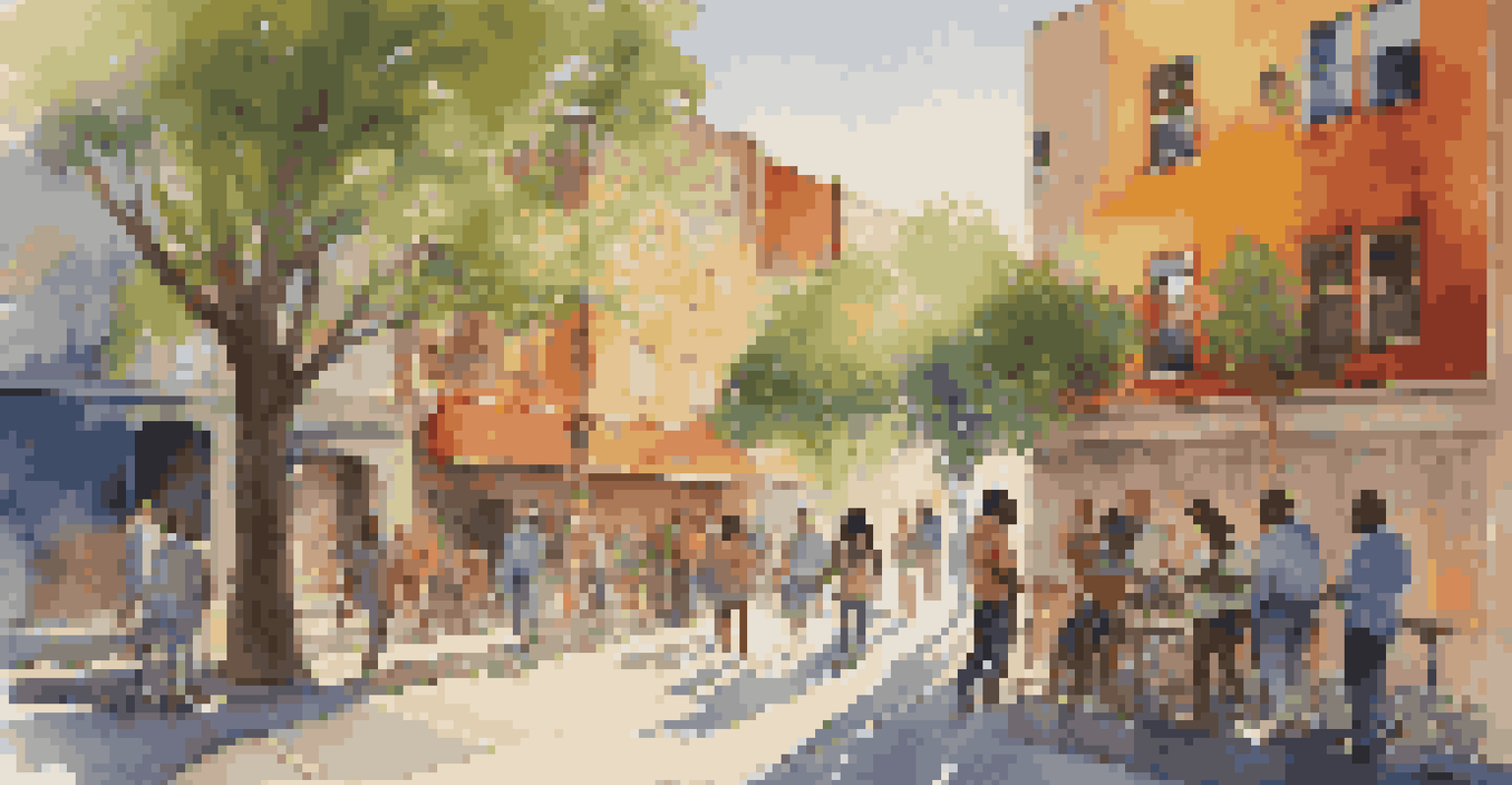 A lively street scene with diverse individuals conversing under colorful murals, surrounded by sunlight filtering through trees.
