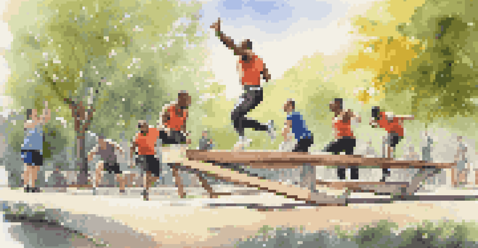 A diverse group of people practicing vaulting techniques over obstacles in an outdoor park, with trees and sunlight illuminating the scene.