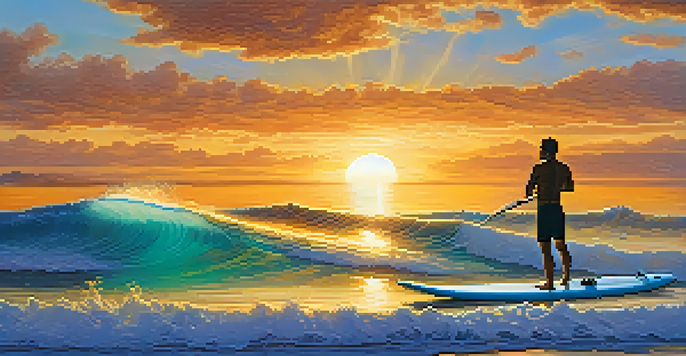 A surfboard with integrated smart technology and a surfer paddling, with a sunset background.