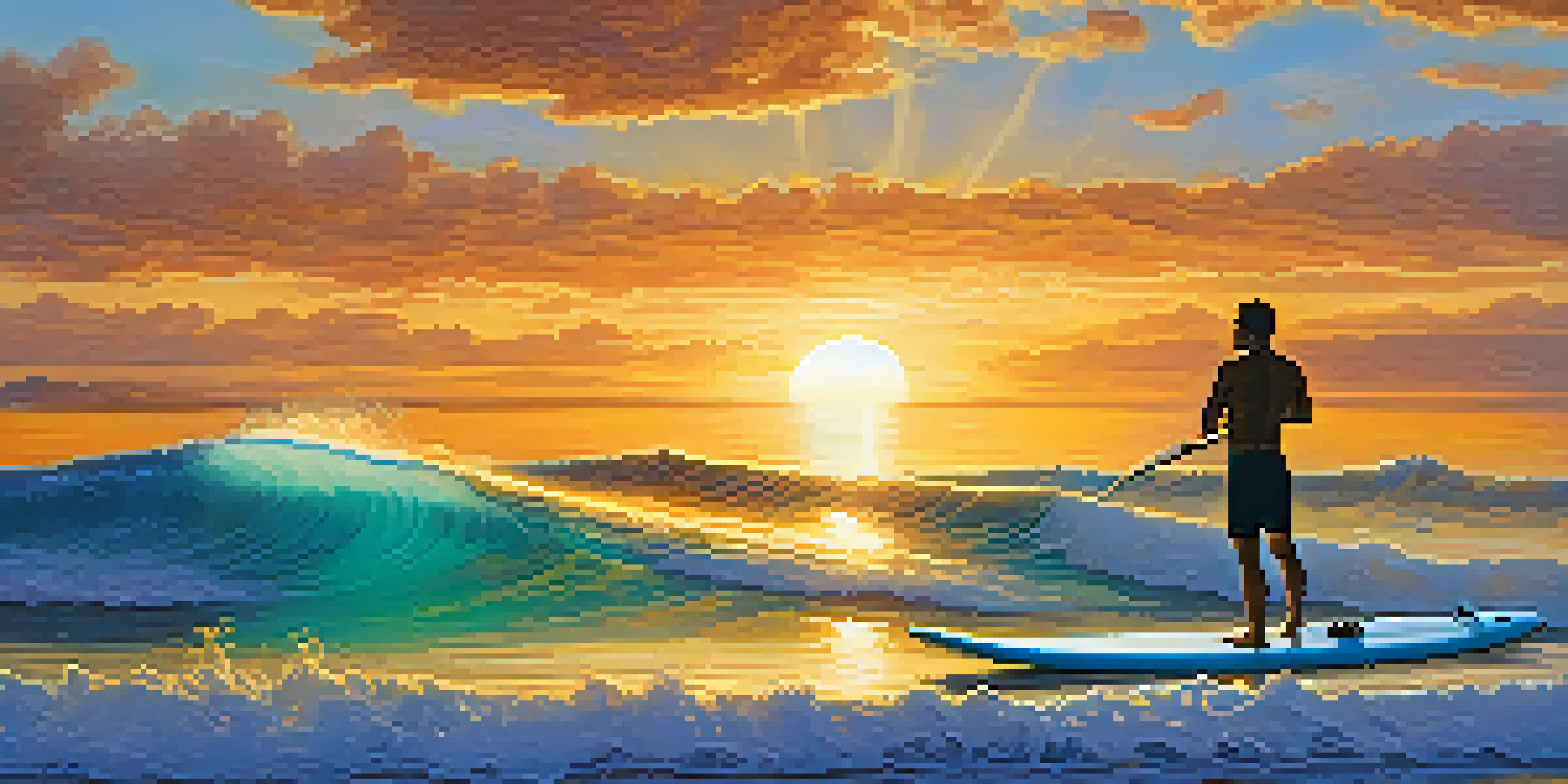 A surfboard with integrated smart technology and a surfer paddling, with a sunset background.