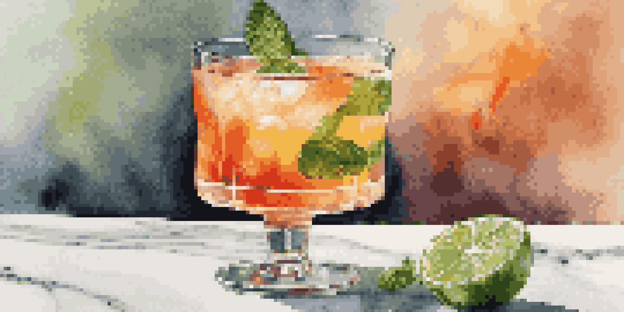 A gourmet cocktail displayed on a marble countertop, garnished with mint and citrus peel, illuminated by warm lighting.